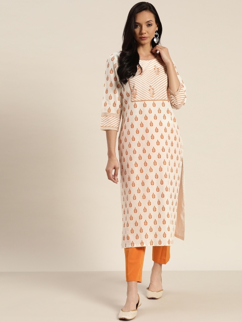 

Moda Rapido Women Off-White & Brown Ethnic Motifs Print Pure Cotton Straight Kurta