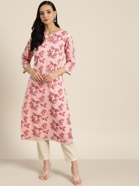 

Moda Rapido Women Pink & Green Pure Cotton Floral Print Straight Kurta