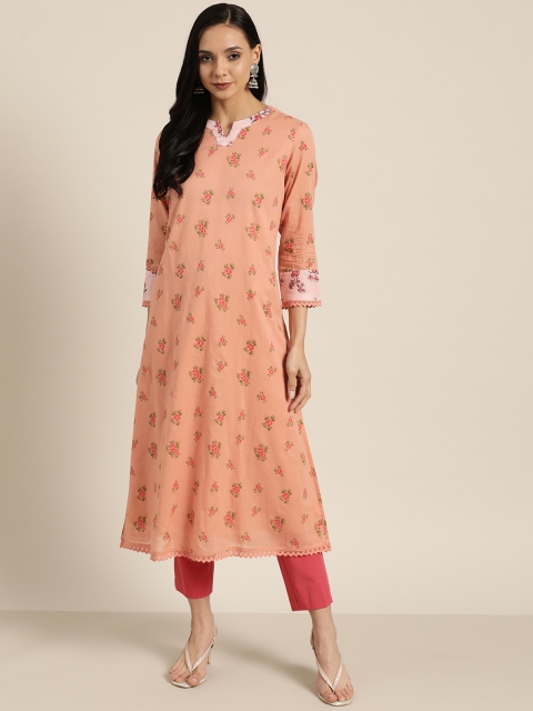 

Moda Rapido Women Peach-Coloured & Green Pure Cotton Floral Print A-Line Kurta