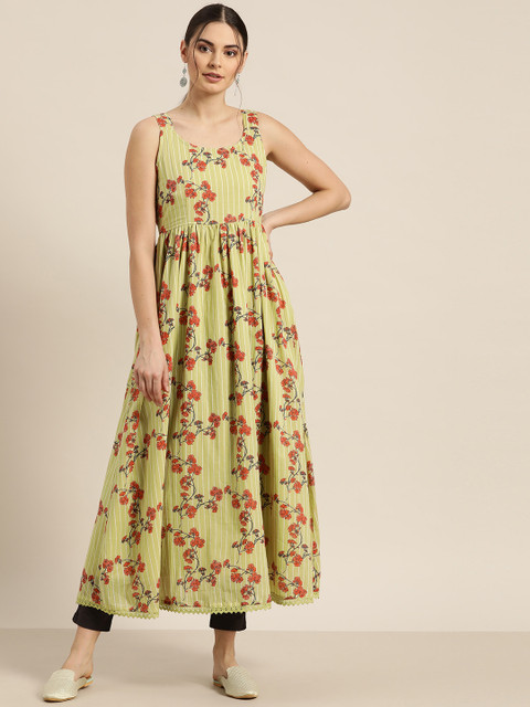 

Moda Rapido Green & Orange Floral Printed A-Line Kurta