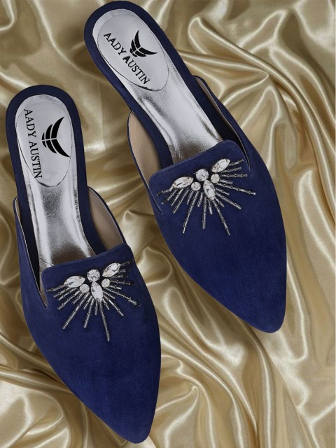 

AADY AUSTIN Women Navy Blue & Silver-Toned Embellished Suede Comfort Heeled Mules