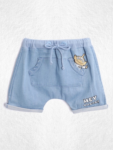 

YK Disney Infant Boys Blue Cotton Solid Mid-Rise Denim Shorts with Printed Detail