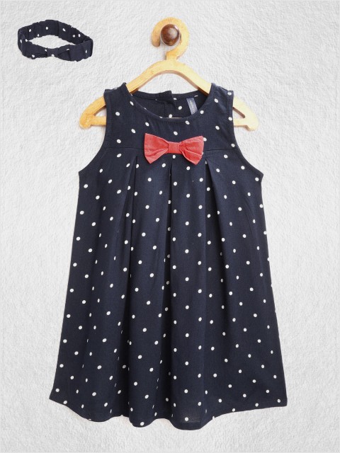 

YK Infant Girls Navy Blue & White Polka Dots Print A-Line Dress with Hairband