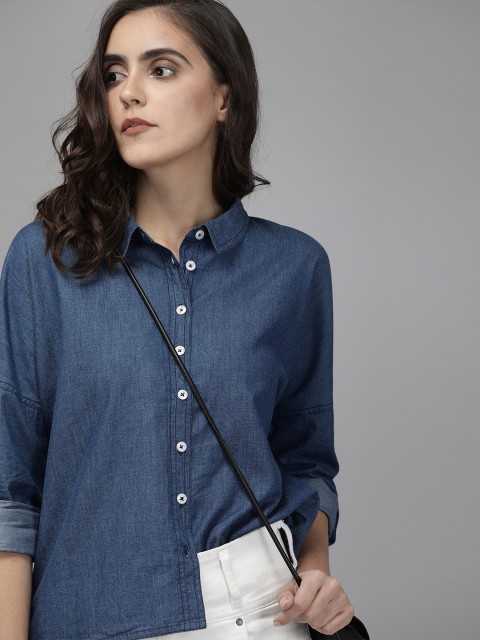 

Roadster Women Blue Regular Fit Solid Casual Denim Shirt