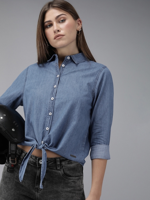 

The Roadster Lifestyle Co Women Blue Regular Fit Solid Pure Cotton Casual Shirt