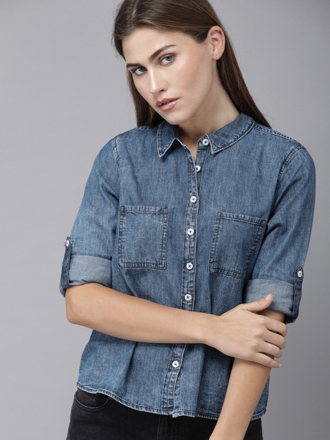 

Roadster Women Blue Regular Fit Faded Casual Shirt