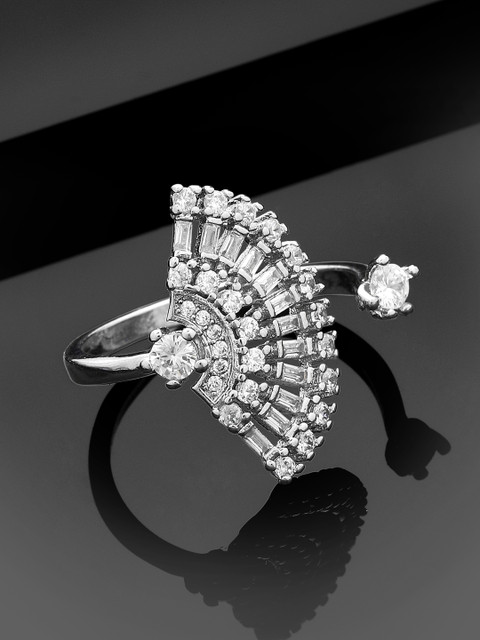 

Rubans Women Silver-Plated White American Diamond Studded Handcrafted Statement Adjustable Finger Ring