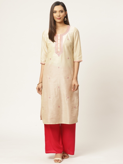 

ZIZO By Namrata Bajaj Women Beige & Pink Embroidered Straight Kurta