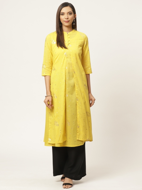 

ZIZO By Namrata Bajaj Women Yellow & Golden Pure Cotton Woven Design A-Line Kurta