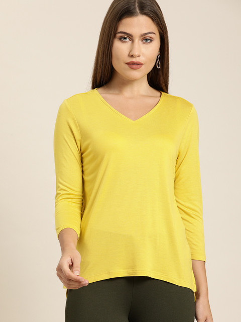 

all about you Women Yellow Solid V-Neck T-shirt
