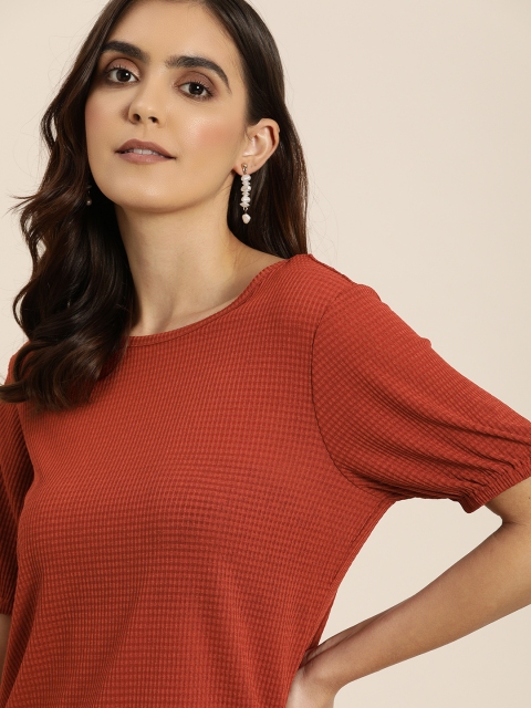 

all about you Women Rust Red Self-Checked Puff Sleeves Top