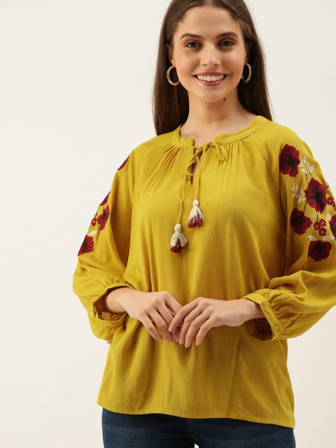 

all about you Mustard Yellow Embroidered Regular Top
