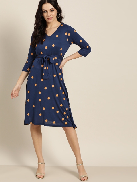 

all about you Women Navy Blue & Brown Polka Dots Print A-Line Dress with Belt