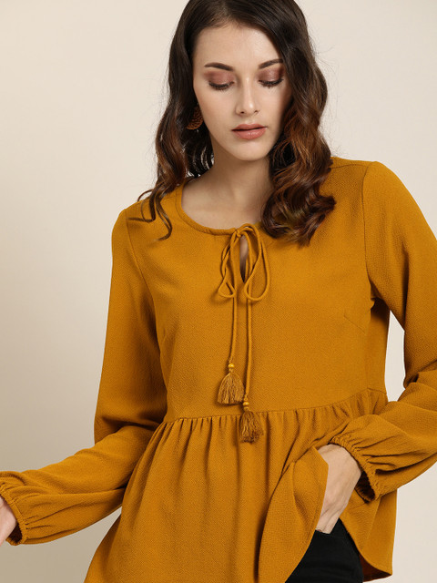 

all about you Women Mustard Yellow Solid Pleated A-Line Top With Tie-Up Detailing