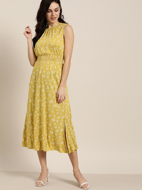 

all about you Women Mustard Yellow & White Leaf Printed A-Line Dress