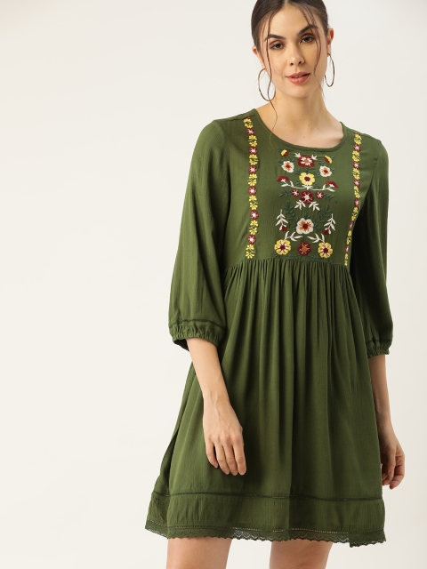 

all about you Women Olive Green & Yellow Ethnic Embroidered Fit and Flare Dress