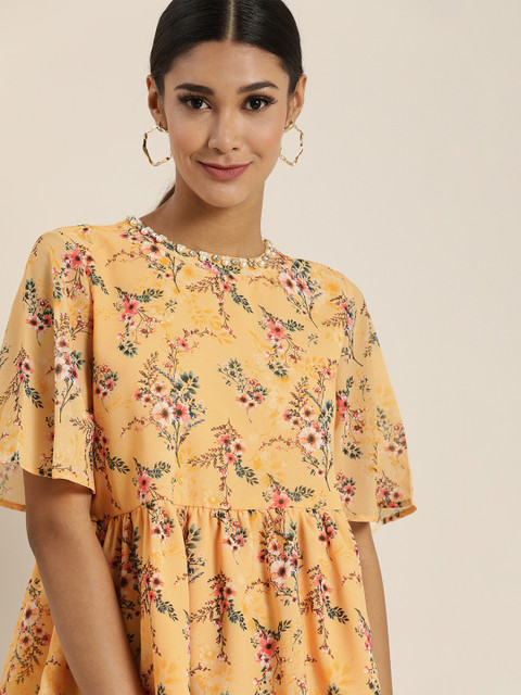 

all about you Cream-Coloured & Multicoloured Floral Printed Flutter Sleeves Regular Top
