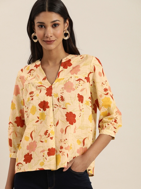 

all about you Women Beige & Red Floral Printed Pure Cotton Regular Top