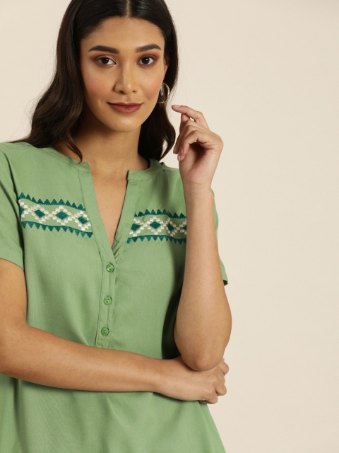

all about you Green Embroidered Detail Top