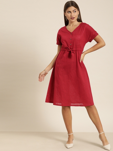 

all about you Women Red Solid A-Line Dress with Waist Tie-Up