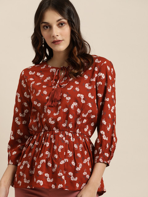 

all about you Women Maroon & White Floral Printed Cinched Waist Top