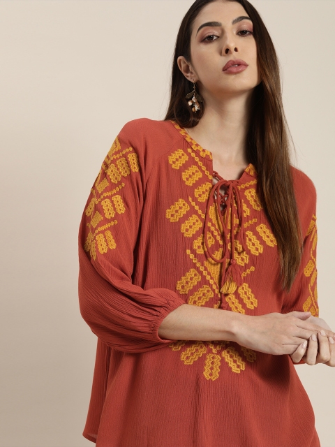 

all about you Women Rust Orange & Mustard Yellow Embroidered Tie-Up NeckTop
