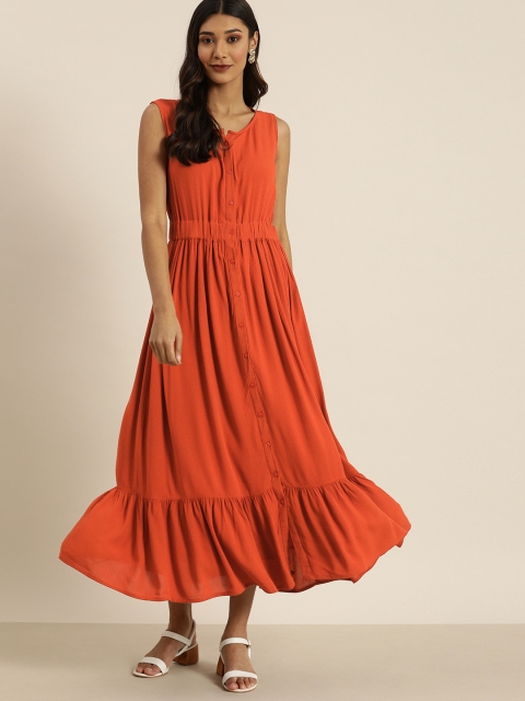 

all about you Women Rust Orange Tiered Solid Maxi Dress