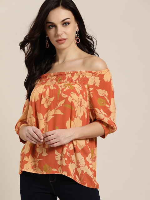 

all about you Orange & Peach-Coloured Floral Print Bardot Top