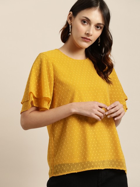 

all about you Women Mustard Yellow Self Design Regular Top