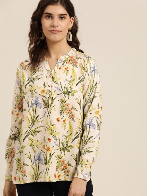 

all about you Women Cream-Coloured & Green Floral Print High-Low Top