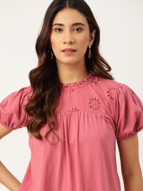 

all about you Coral Pink Pure Cotton Puff Sleeve Regular Top