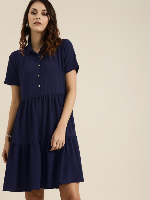 

all about you Women Navy Blue Solid Fit and Flare Dress