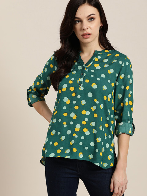 

all about you Green & Mustard Yellow Geometric Printed Mandarin Collar Top