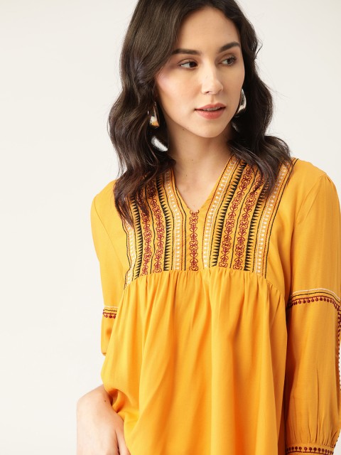 

all about you Women Mustard Yellow & Red Embroidered A-Line Fit Top