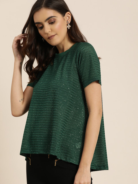 

all about you Women Green Self-Design Regular Top with Embellished Detail