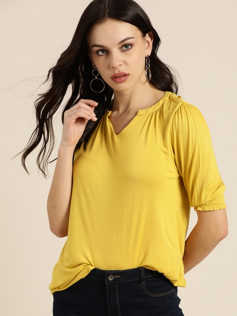 

all about you Women Mustard Yellow Knitted Solid Puff Sleeves Top