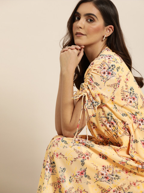 

all about you Women Peach-Coloured & Green Floral Printed Fit and Flare Dress