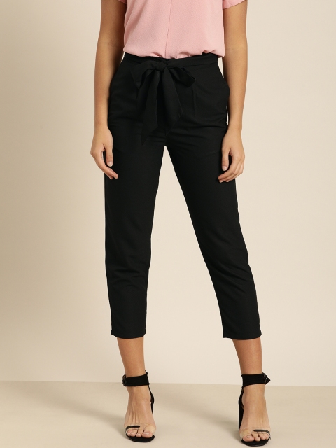 

all about you Women Black Solid Cropped Regular Trousers with Waist Tie-Up detail