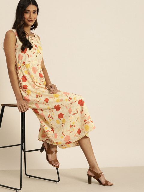 

all about you Women Off-White & Rust Orange Floral Printed A-Line Dress