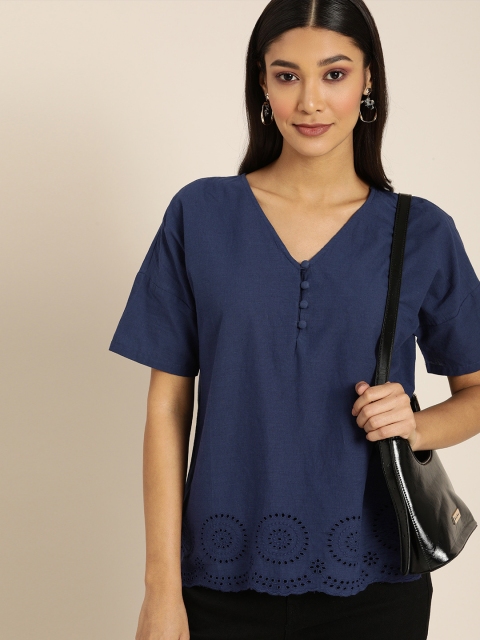 

All About You Navy Blue Solid Schiffli Embroidered Top