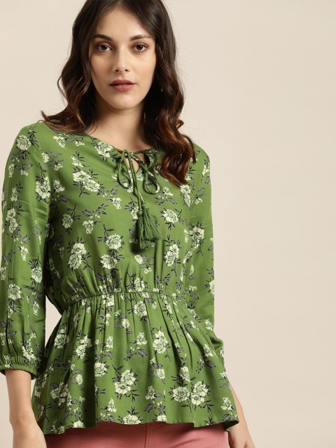 

all about you Women Green & White Floral Printed Cinched Waist Top