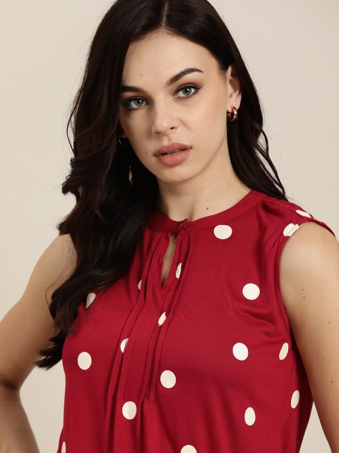 

all about you Women Maroon & Off-White Polka Dots Printed Keyhole Neck Blouson Top