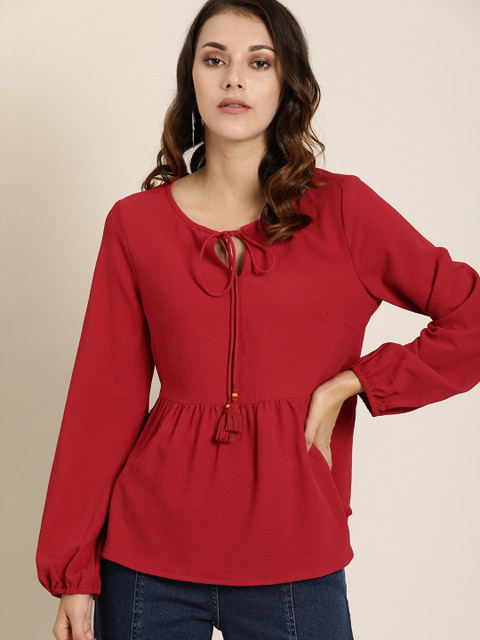 

all about you Women Red Solid Pleated A-Line Top With Tie-Up Detailing