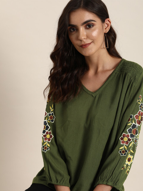

all about you Olive Green Regular Top with Embroidery