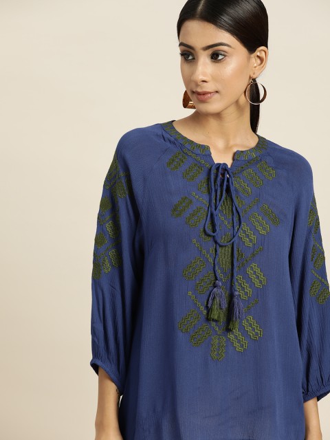 

all about you Women Indigo Blue & Olive Green Geometric Embroidery Tie-Up Neck Regular Top, Navy blue