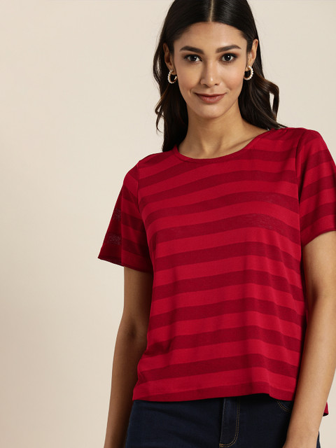 

all about you Women Red & Maroon Striped Round Neck T-shirt