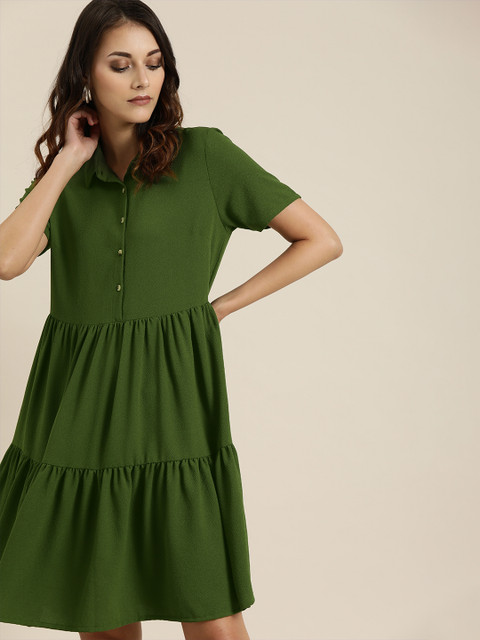 

all about you Women Olive Green Solid A-Line Dress