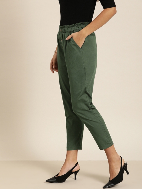 

all about you Women Olive Green Regular Fit Solid Cropped Peg Trousers