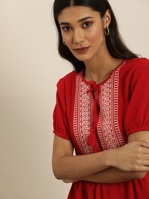 

all about you Rust Orange & White Embroidered Tie-Up Neck Puff Sleeves A-Line Top