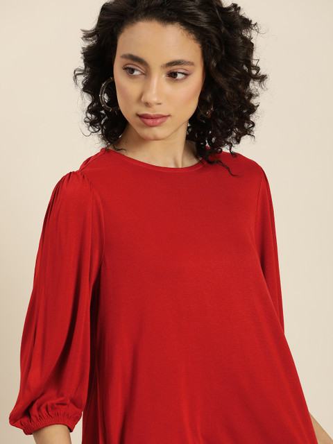

all about you Women Red Puff Sleeves Solid Top
